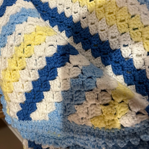 Crotched Afghan Blanket - Blue, Yellow and White Blanket ,Throw, Afghan - - Picture 12 of 14